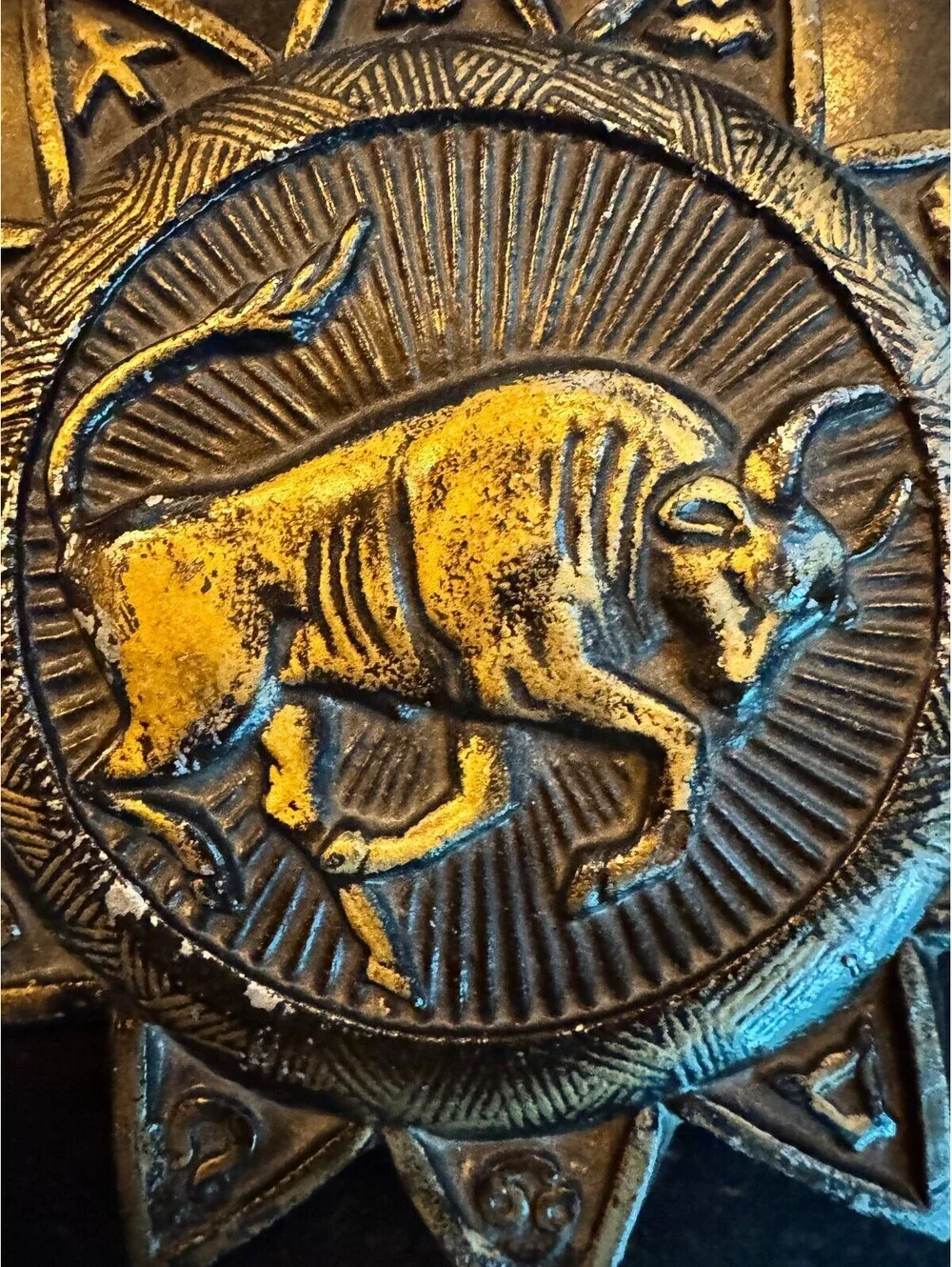 Vintage 1969 E. MESA Cast Aluminum Zodiac Sunburst Wall Plaque - TAURUS Bull